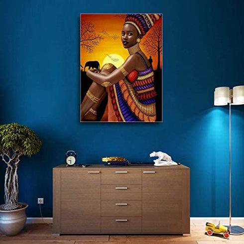 SKRYUIE 5D Diamond Painting Kit African Women Full Drill by Number Kits, Diamond Art African American Sunset Woman Paint with Diamonds Black Woman Embroidery DIY Craft Set Arts Decorations(12x16inch)