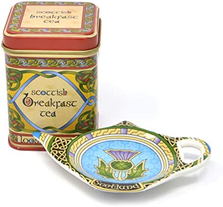Scotland Teabag Holder with Thistle - Teapot Shaped Resting Caddy Saucer/Scottish Thistle TeaBag Saucer - Made of New Bone China Celtic Accessories Diameter 4"/10cm
