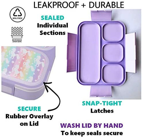 Unicorn Bento Lunch Box for Girls, Kids | Snack Containers with 4 Compartment Dividers, Boxes for Toddlers Pre-School Daycare Tween Lunches BPA Free, Food and Microwave Safe | Purple Rainbow Unicornio