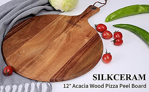 Silkceram Acacia Wood Pizza Peel, Round 12 Inch Wooden Cutting Boards, Cheese Paddle Board, Bread and Crackers Platter Serving Board 16"x12"x0.5"