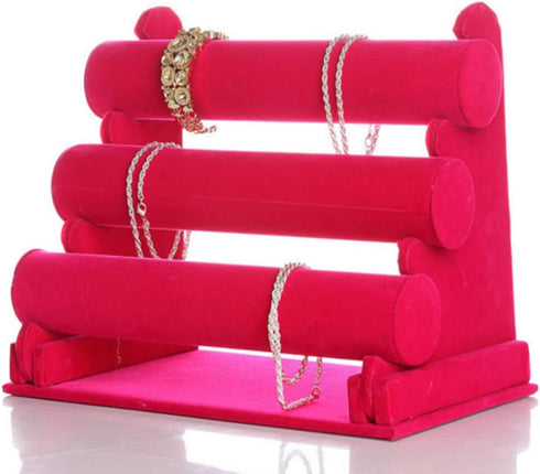 Glitterymall Jewelry Bracelet Watch Display Stand Bar Necklace Watch Display Rack Stand Holder Organizer Tower (Hot pink velvet 3 Tier)