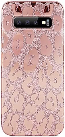 J.west Galaxy S10 Case 6.1-inch, Luxury Saprkle Bling Glitter Leopard Print Design Soft Metallic Slim Protective Phone Cases for Women Girls TPU Silicone Cover Case for Samsung S10 Rose Gold