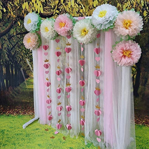 Mybbshower Gold Pink 3D Paper Heart Crown Garland Girl Princess Birthday Party Nursery Room Decor Balloon Tail Pack of 5