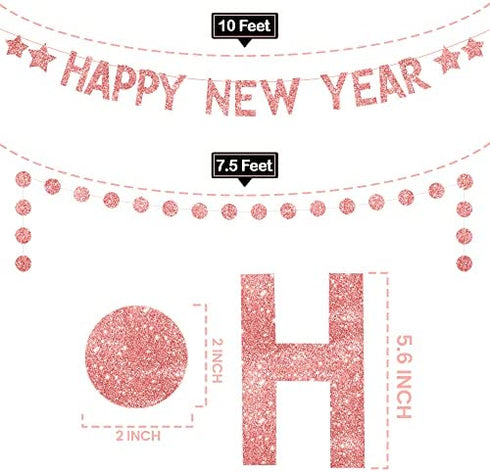 Rose Gold Glitter, Happy New Year Banner - No DIY, 2 Strings | Happy New Year Sign Happy New Year Decorations 2023 | New Years Eve Party Supplies 2023 | New Years Eve Banner, New Years Eve Decorations