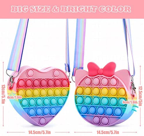 OUMEE 2 Pack Pop Purse Bag Fidget Toys for Girls, Easter Gift Rainbow Pop Fidgets Shoulder Bag Crossbody, Silicone Push Bubble Popper Backpack Easter Decoration Pop Toy for Stress Relief (Cat&Heart)