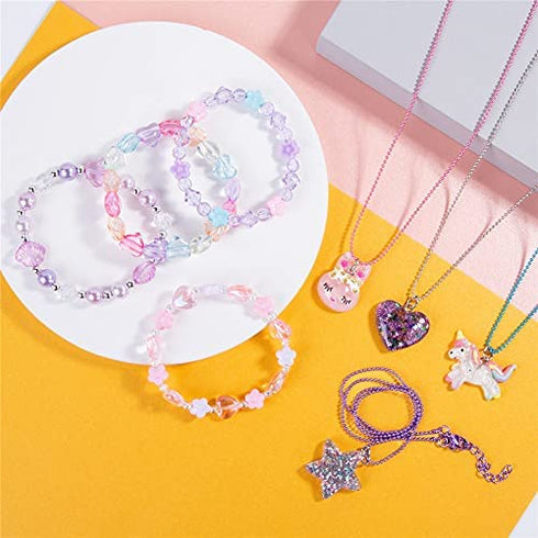BB-GG, BGSHEMNI 8 Pcs Girls Necklaces and Bracelets Set with Unicorn Star Heart Necklace Toddler Jewelry Gift Toy Party Favors Dress up Play Costume for Little Best Friend Necklaces-A1
