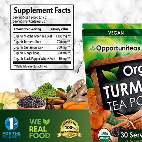 Organic Turmeric Tea Powder - Matcha Green Tea, Turmeric, Cinnamon, Ginger, Black Pepper - Natural Joint Support Supplement for Juice, Smoothie & Drinks - Vegan & Non-GMO - 30 Servings