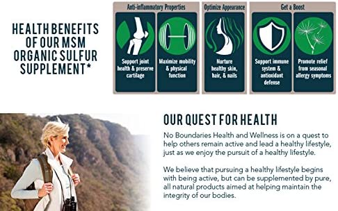 500mg MSM Organic Sulfur Capsules by No Boundaries Health and Wellness – 180 Vegetable Capsules: No Excipients or Fillers – Premium Health Supplement: 99.9% Pure MSM Powder – Joints, Skin, Hair, Nail