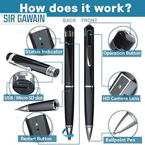 SIRGAWAIN Hidden Spy Camera Pen 1080p - Nanny Camera Spy Pen Full HD Loop Recording or Picture Taking - Wireless Hidden Security Cam with Wide Angle Lens, Discrete Rechargeable