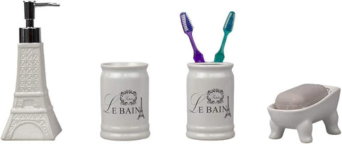 Home Basics, White Le Bain Paris Eiffel Tower 4 Piece Designer Ceramic Bath Accessory Set | Toothbrush Holder, Dispenser, Soap Dish, 1 Tumbler