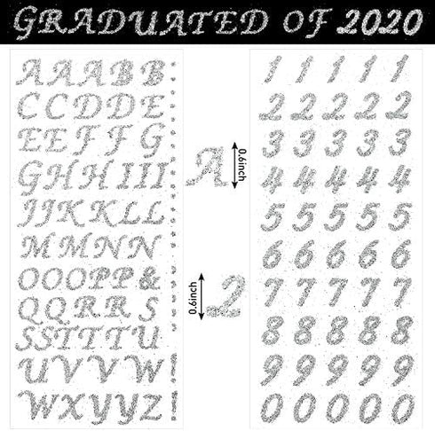 5 Sheets Graduation Cap Stickers Decoration Glitter Alphabet Letter Stickers Self-Adhesive Rhinestone Letter Number Stickers for Grad Cap Craft Decorations (Silver)