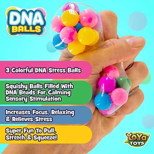 YoYa Toys DNA Balls Stress Balls Fidget Pack - Colorful Beads Squeezing Stress Relief Ball For Adults and Kids - Squishy Rubber Balls Toys Great For ADHD, Stress, Anxiety, Bad Habits and More - 3 Pack