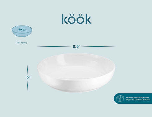 Kook Ceramic Pasta Bowl Set, For Soups and Salads, Serving Bowls, Large Capacity, Microwave & Dishwasher Safe, Set of 4, 40 oz