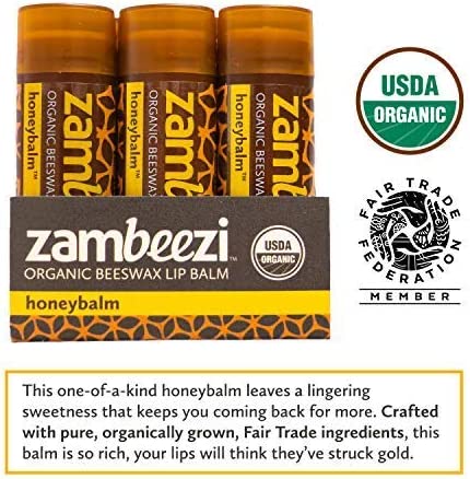 ZAMBEEZI Organic, Fair Trade Beeswax Lip Balm - Honeybalm 3 Pack - Ethically Sourced - Honey Flavor