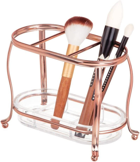 mDesign Decorative Makeup Brush Storage Organizer Tray Stand for Bathroom Vanity Counter Tops, Dressing Tables, Cosmetic Stations - 3 Sections with Removable Bottom Tray - Rose Gold/Clear