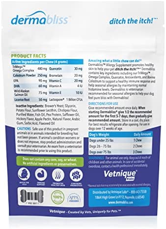 Vetnique Labs Dermabliss Dog Allergy and Itch Relief, Skin and Coat Health Supplements and Grooming Supplies with Omega 3-6-9, Biotin - Ditch The Itch (Allergy Chews, 30ct)