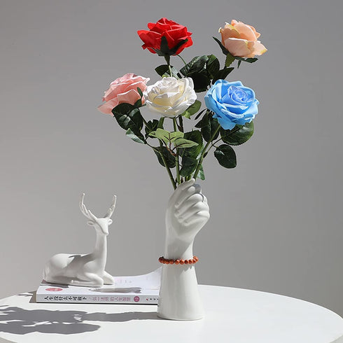 White Ceramic Hand Bud Flower Vase for Hhydroponic Floral Arrangement Table Decorative NBHUZEHUA