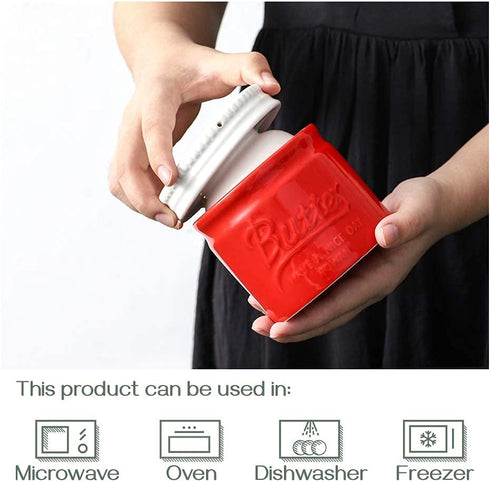 DOWAN Porcelain Butter Keeper Crock, French Butter Dish with Lid, Embossed Butter Container for Soft Butter, Big Capacity & Humanized Water Line, Red