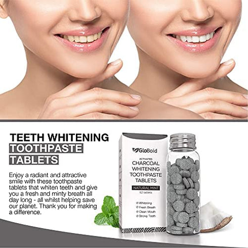 GloBoid Charcoal Toothpaste Tablets with Fluoride, Zero Waste Toothpaste Bits, Eco Friendly Toothpaste Tabs, Plastic Free Toothpaste Bites - 1 Month Supply - 62 Count - Mint