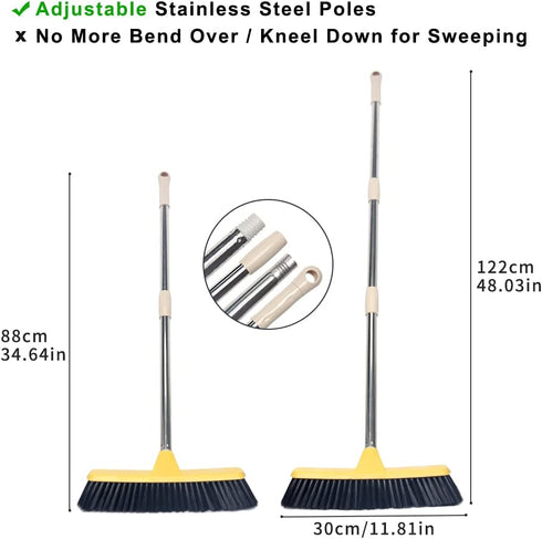 Push Broom with Long Handle, Floor Brush 47.6 inch Soft Bristle Broom 12.2" Wide for Cleaning Bathroom Kitchen Patio Garage Deck Tile Floor