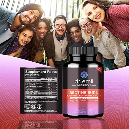 DR EMIL NUTRITION Bedtime Burn PM Fat Burner - Sleep Aid and Nighttime Appetite Suppressant - Stimulant-Free Weight Loss Pills and Metabolism Booster for Women and Men, 30 Day Supply