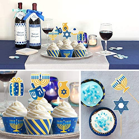 48Pcs Hanukkah Cupcake Toppers and Wrappers for Hanukkah Party Decorations Chanukkah Theme Party Supplies