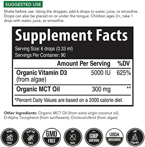 Plant-D3 Organic Vitamin D3 5000 IU - Vegan, Max Strength Sublingual Liquid D3 Drops - 200% Higher Absorption - 100% Plant-Based Cholecalciferol Form - Adjustable Dosing for All Ages (1oz Liquid)