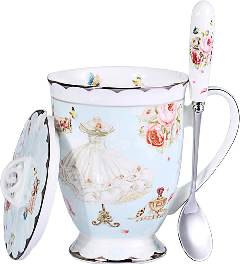 AWHOME Tea Cup and Lid and Spoon Set Royal Fine Bone China Coffee Mug 330ml Light Blue TeaCups
