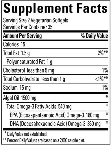 Nature Made Algae 540 mg Omega 3 Supplement, 70 Vegetarian Softgels, A Sustainable, Plant-Based for Healthy Heart, Brain, and Eye Support
