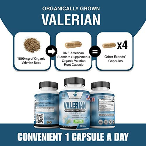 Valerian Root Capsules Organic 1800mg, Natural Sleep Aid, Sleeping Supplements, Alternative to Melatonin Gummies, 90 Veggie Caps, 3 Month Supply