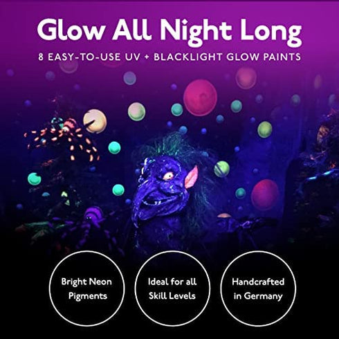 Individuall Glow in the Dark Paint - Set of 8, 20 mL Reflective Acrylic Paints for Outdoor and Indoor Use on Canvas, Walls and Ornament Painting - Blacklight Activated