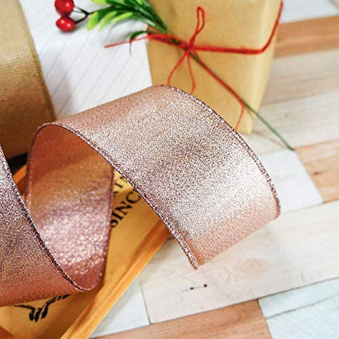 CT CRAFT LLC Metallic Diamond Wired Ribbon for Home Decor, Gift Wrapping, DIY Crafts, 2.5” x 10 Yards x 1 Rolls - Rose Gold