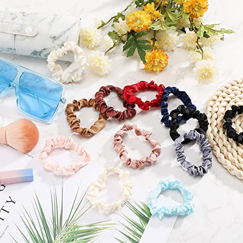 12 Pieces Small Silk Scrunchies for Hair Mini Satin Scrunchy Elastic Ponytail Holders Thin Hair Bands Thick Curl Hair Ties Skinny Hair Ties Ropes for Women Girl (Fresh Color)