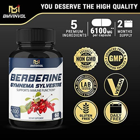 5-in-1 Berberine Supplement 6100mg with Ceylon Cinnamon, Gymnema Sylvestre, Bitter Melon & Black Pepper - Supports Immune Function, Cardiovascular Heart (60 Count)