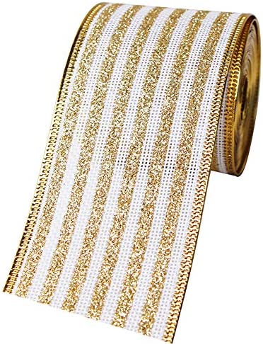 2-1/2" Wide 5 Yard Stripe Wired Edge Ribbon Christmas Ribbon for Gifts Wrapping Wreath Tree Ornaments (63MM-Glitter Gold)