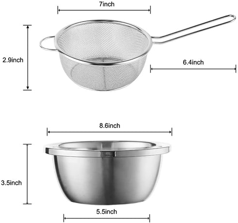 Set of 2 304 Stainless Steel Kitchen Fine Mesh Food Strainer with Handle + Steel Pot