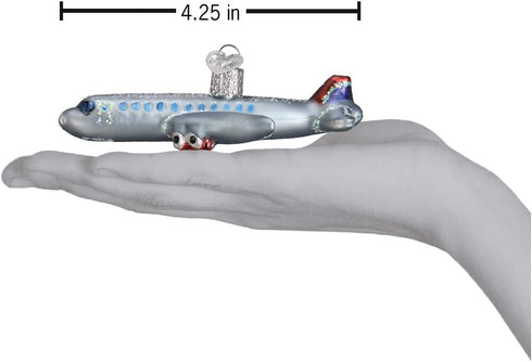 Old World Christmas 46065, Trains, Helicopters, Boats and Trucks Glass Blown Ornaments for Christmas Tree Passenger Plane, Glitter Gray