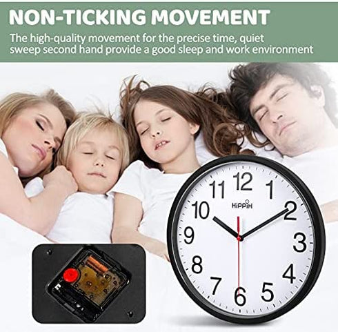 Hippih Clock Black Wall Clock Silent Non Ticking Quality Quartz - 10 Inch Round Easy to Read for Home Office & School Decor Clock