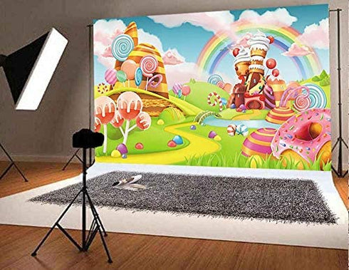 Qian 8x6FT Candyland Lollipop Backdrops Cartoon Candy World Photo Rainbow Studio Props Booth Baby Birthday Party Photography Background