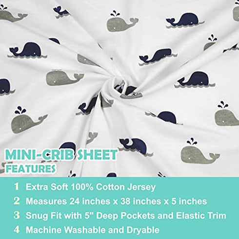 American Baby Company Printed 100% Natural Cotton Jersey Knit Fitted Portable/Mini-Crib Sheet, Navy Whale/Grey Zigzag, Soft Breathable, for Boys & Girls, Pack of 2