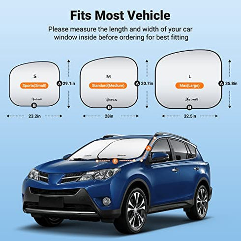 AstroAI Car Sun Shade Windshield -2 Piece Foldable Sunshade for Car Windshield Blocks Max UV Rays and Sun Heat, Titanium Silver Fabric Material, for Most Compact Sports Cars(Small 23.2 x 29.1 inches)