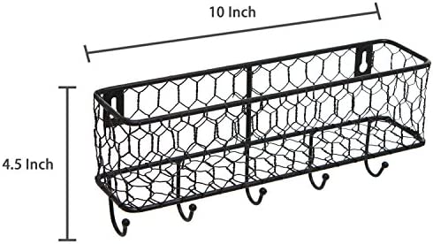 MyGift Wall Mounted Farmhouse Matte Black Chicken Wire Metal Entryway Mail Holder Letter Organizer Storage Basket with 5 Key Hooks