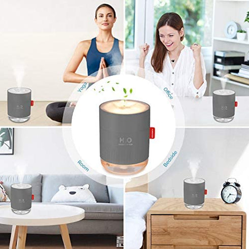 Portable Mini Humidifier, 500ml Small Cool Mist Humidifier, USB Personal Desktop Humidifier for Baby Bedroom Travel Office Home, Auto Shut-Off, 2 Mist Modes, Super Quiet, Gray