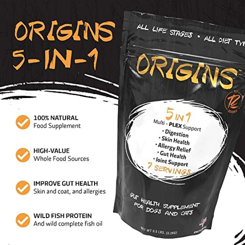 ROGUE PET SCIENCE Origins 5-in-1 Dog Supplement - Powdered Food Topper w/ Natural Omega 3 Fish Oil - Supports Healthy Digestion, Skin, and Coat - Helps Reduce Itching & Joint Inflammation (1/2 lb)