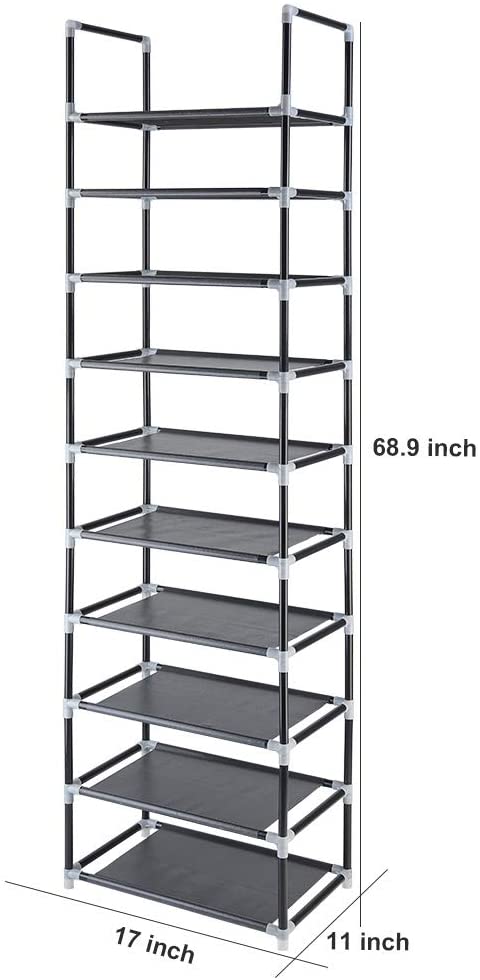 FORUP 10 Tiers Stackable Shoe Rack, Adjustable Shoe Storage Organizer Shelf, Non-Woven Fabric Shoe Tower Shelf (Black)