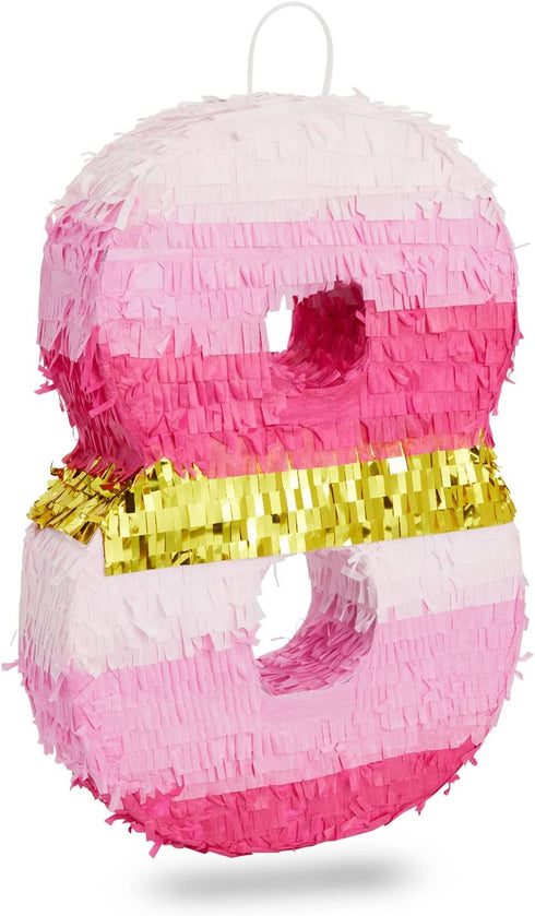 Small Pink and Gold Foil Number 8 Pinata for Kids 8th Birthday Party Decorations (16.5 x 11 Inches)