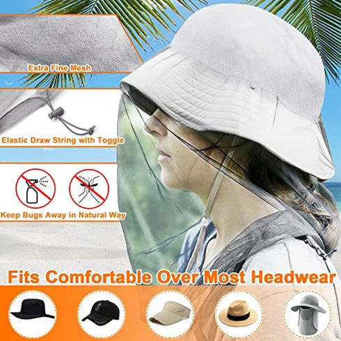 Benvo Mosquito Head Net Mesh, Face Neck Fly Netting Hood from Bugs Gnats Noseeums Screen Net for Any Outdoor Lover- with Carry Bags Fits Most Sizes of Hats Caps (2pcs, Light Grey, Updated Big Net)