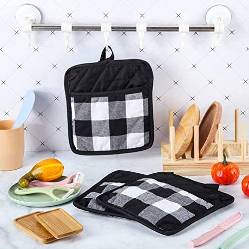4 Pieces Buffalo Check Pot Holders with Pocket Potholders Buffalo Plaid Cloth Gloves Pocket Black and White Pot Holders for Kitchen
