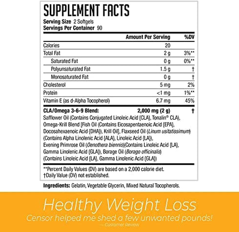 Censor NDS Nutrition Fat Loss and Body Toner with CLA, Fish Oil, Safflower and Omega 3-6-9 Blend - Dietary Supplement for Improved Energy and Health (90 Softgels)