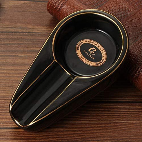 Galiner Cigar Ashtray, Travel Ceramic Ashtray, Outdoor cigar Ash Tray gift accessoires(Black With Golden line)